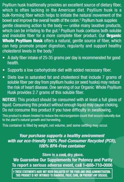 Organic Whole Psyllium Husk Powder - 12 oz