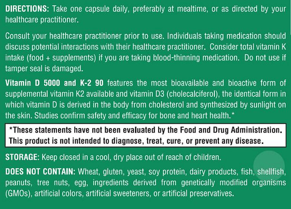 Vitamin D 5000 and K-2 90 - 120 Capsules