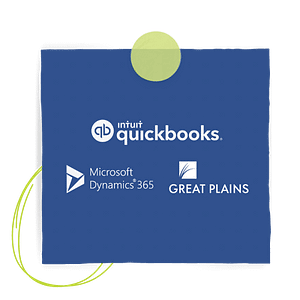 Image of a blue sticky note with the accounting companies we work with listed. Quickbooks, Great Plains, and Microsoft Dynamics 365.