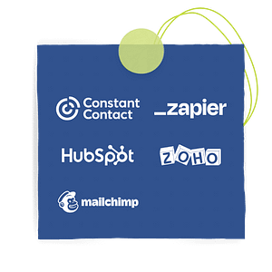 Image of a sticky note with the Constant Contact, Hubspot, Mailchimp, _zapier, and Zoho logos.