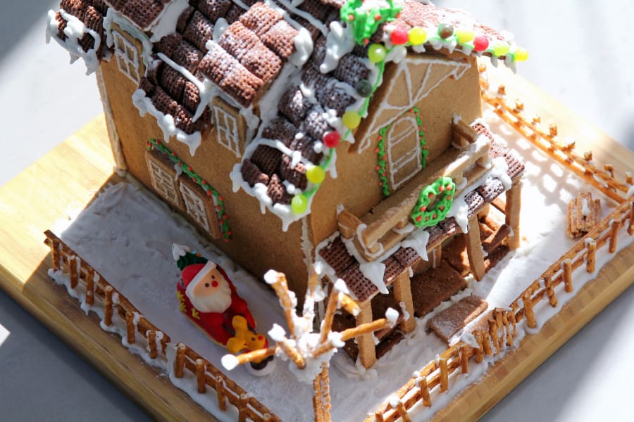 a holiday themed gingerbread house apartment building