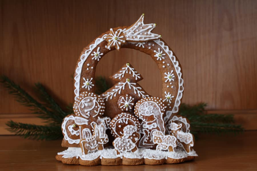 a gingerbread house nativity
