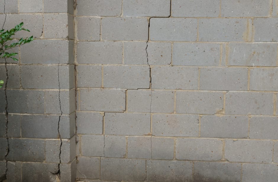 a foundation wall in a house with cracks