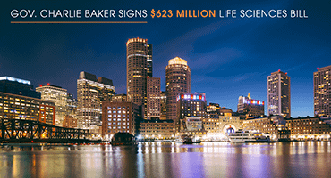 Massachusetts Governor signs $623 million life sciences bill. Photo: City of Boston with text overlaid. 