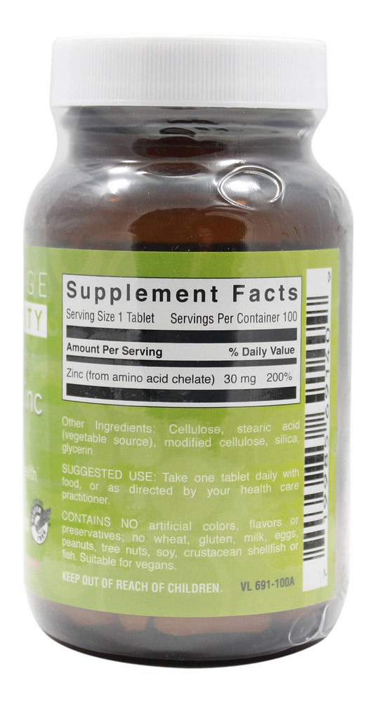 Chelated Zinc 30 mg - 100 Tablets - Supplement facts