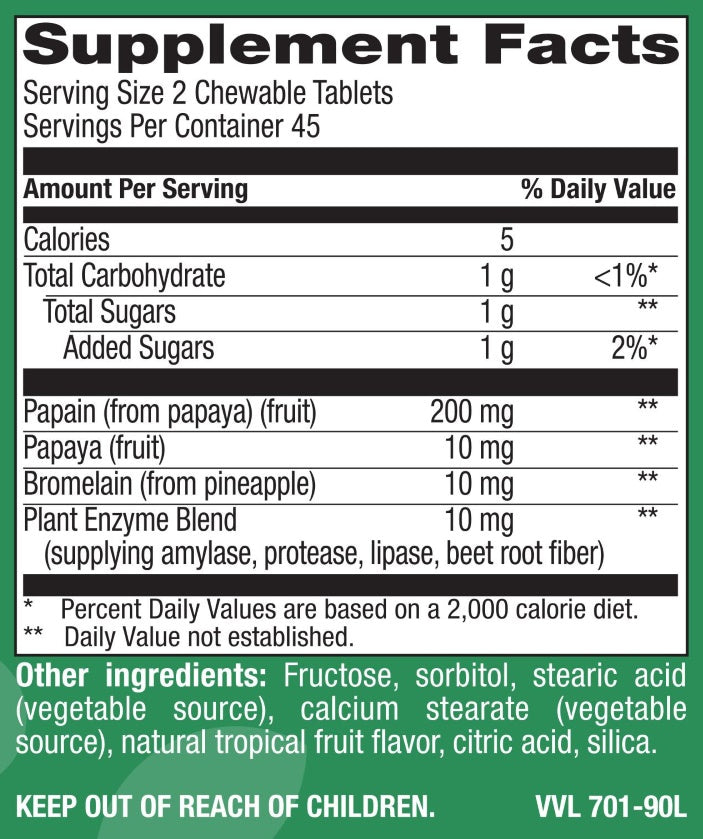 Chewable Natural Papaya - Natural Tropical Fruit Flavor - 90 Tablets
