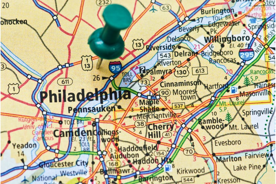 a map of philadelphia with a pin