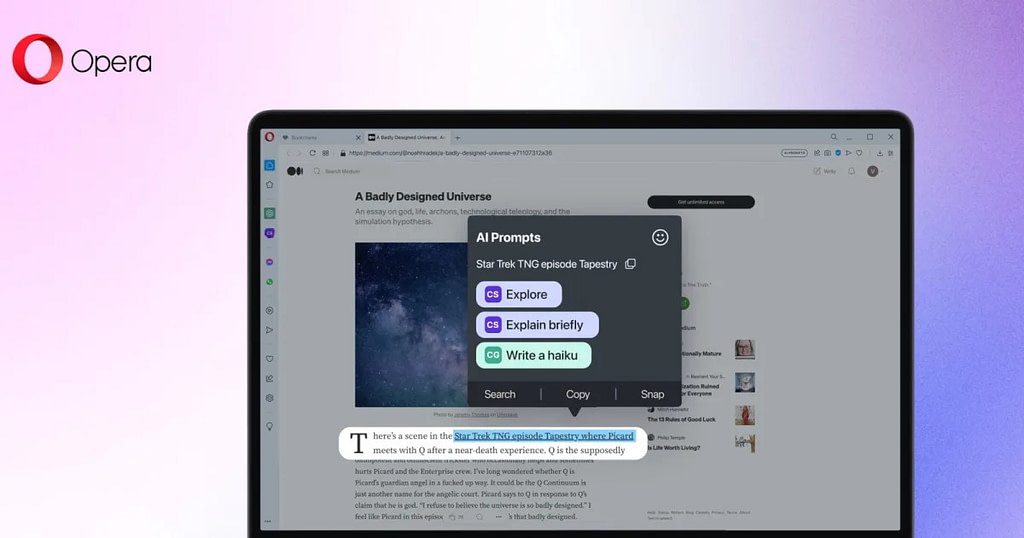 Opera Incorporates ChatGPT and AI Prompts into Browser - Credit: Engadget
