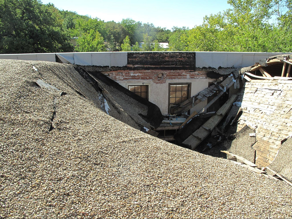 BUR, built up roofing, gravel ballast, historic collapse, roof collapse, masonry, wood framing, Texas construction, forensic investigations, forensic engineering, asset management