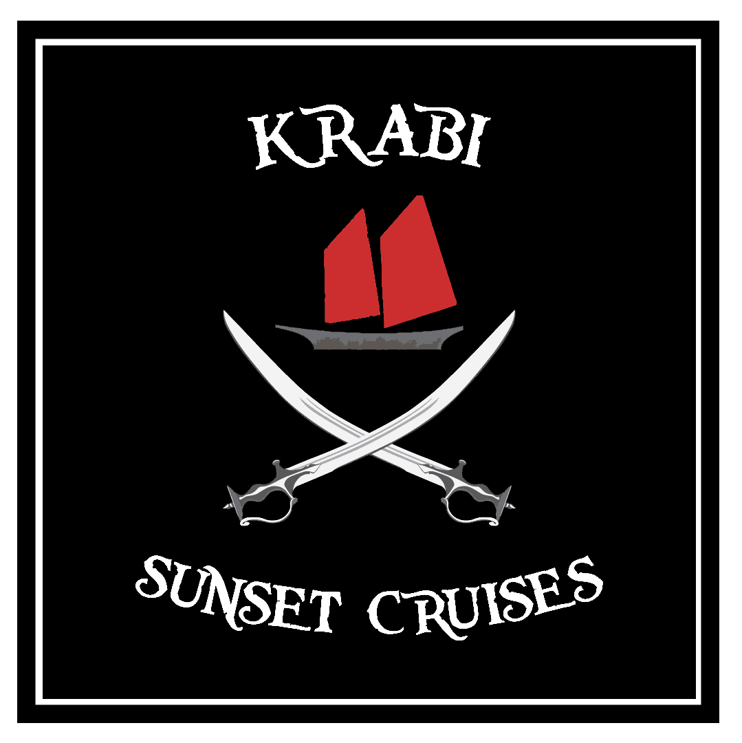 Krabi Sunset Cruises logo: two swords crossing with a boat with red sales above and the words sunset cruises underneath and a black background