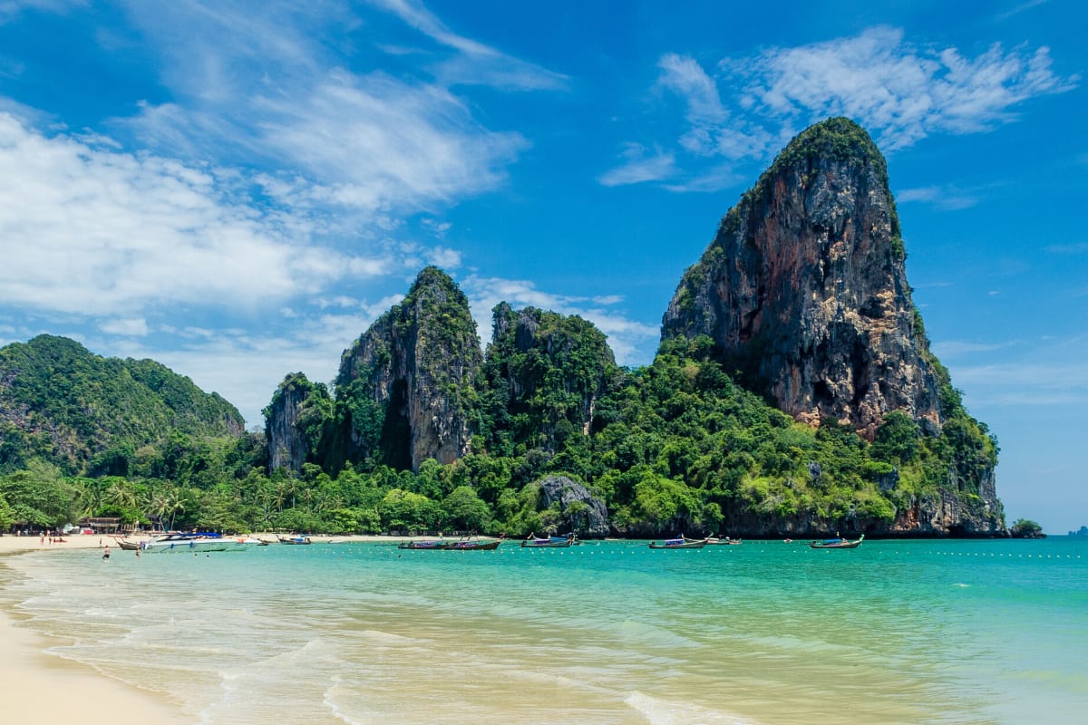 A views of the limestone cliffs dividing Railay's west and Phranang Beach,taken from the west beach