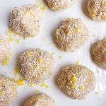 Healthy Lemon Coconut Ginger Balls! No-bake vegan treats bursting with refreshing flavor. SO EASY to make. Perfect for an afternoon snack or an after dinner treat! #healthydesserts #nobakedesserts #easysnackrecipes #healthysnack #veganrecipe