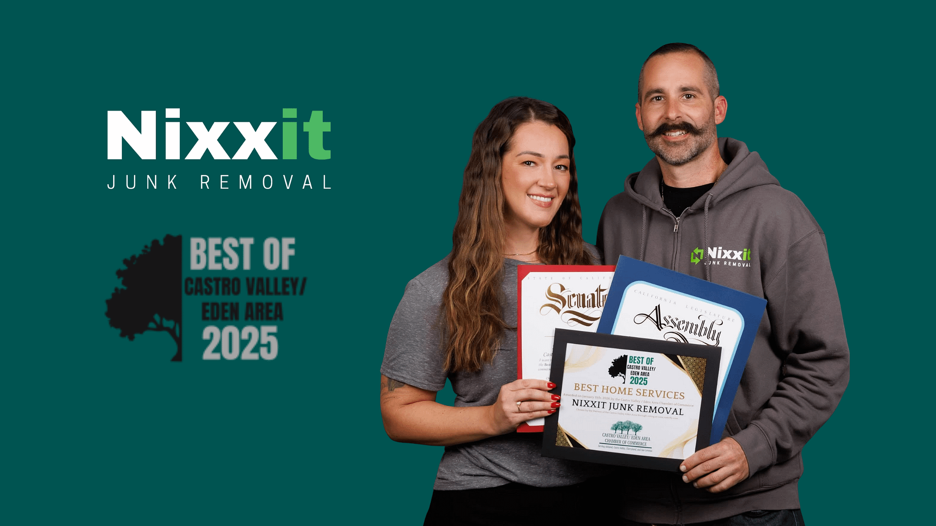 Nixxit Junk Removal Wins Best Home Services - Best of Castro Valley/Eden Area 2025 1 Nixxit holding up Best Home Service Award in Castro Valley, CA