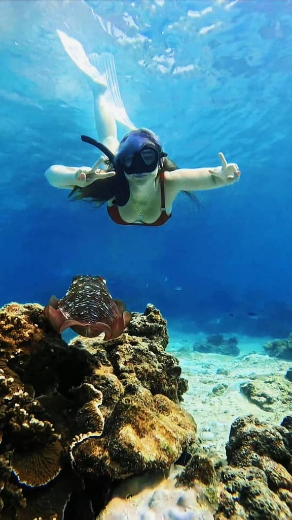 Snorkeler swimming above a cuttlefish in the clear waters of Krabi