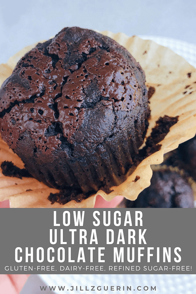Low Sugar Ultra Dark Chocolate Muffins: Incredibly low in sugar and only sweetened with bananas and some crushed dark chocolate on top. #healthybaking #lowsugarbaking | www.jillzguerin.com
