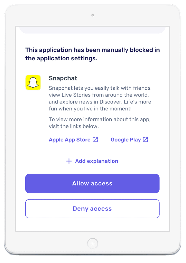 Canopy parental app blocking the use of an unapproved app and promoting cyber safety for kids