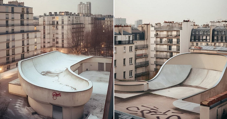Sweeping AI-Generated Skateparks Emerge From Iconic Parisian Cityscape - Credit: DesignBoom