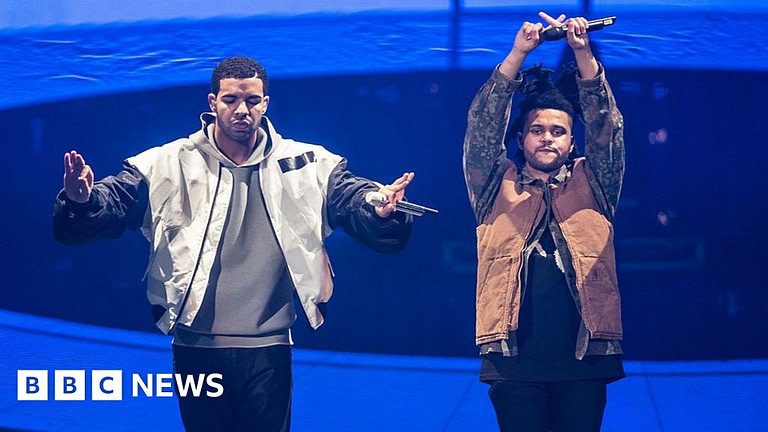 Drake and The Weeknd Pull AI Song From Streaming Services - Credit: BBC News