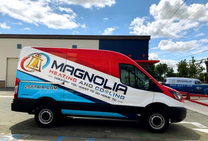 Magnolia Heating and AC Truck parked in front of a Riverside home