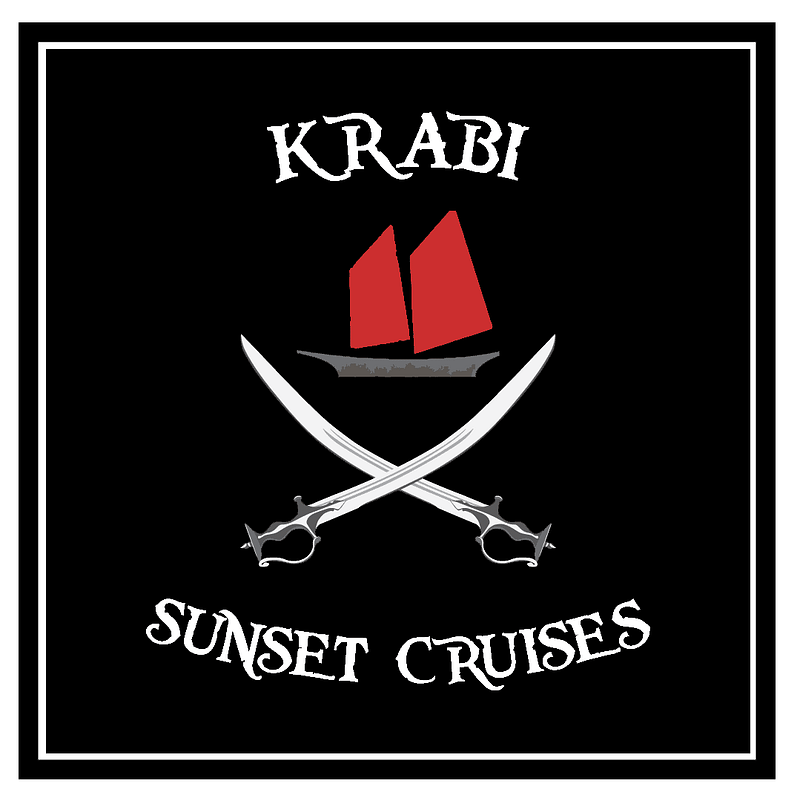 Krabi Sunset Cruises logo: two swords crossing with a boat with red sales above and the words sunset cruises underneath and a black background