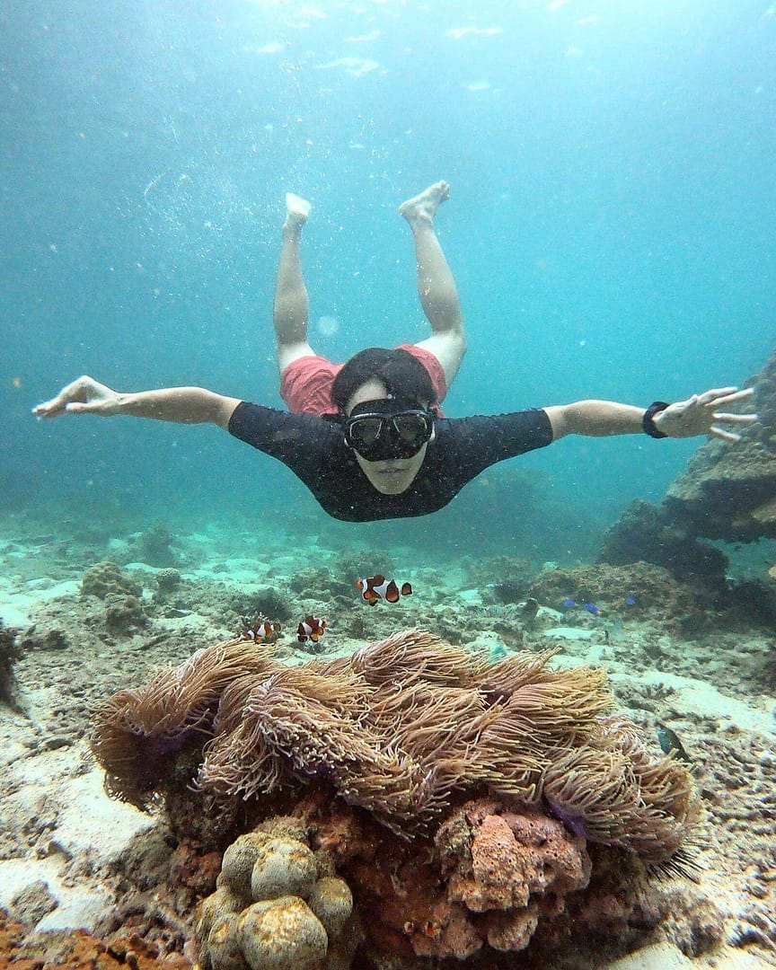 Snorkeler swimming above coral and clownfish in clear tropical water during a Krabi island trip.