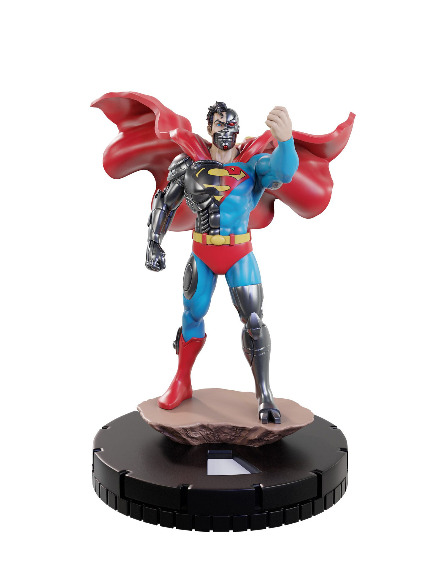 Cyborg Superman raises his fist in defiance. He’s a plastic miniature sitting on a clicking base.