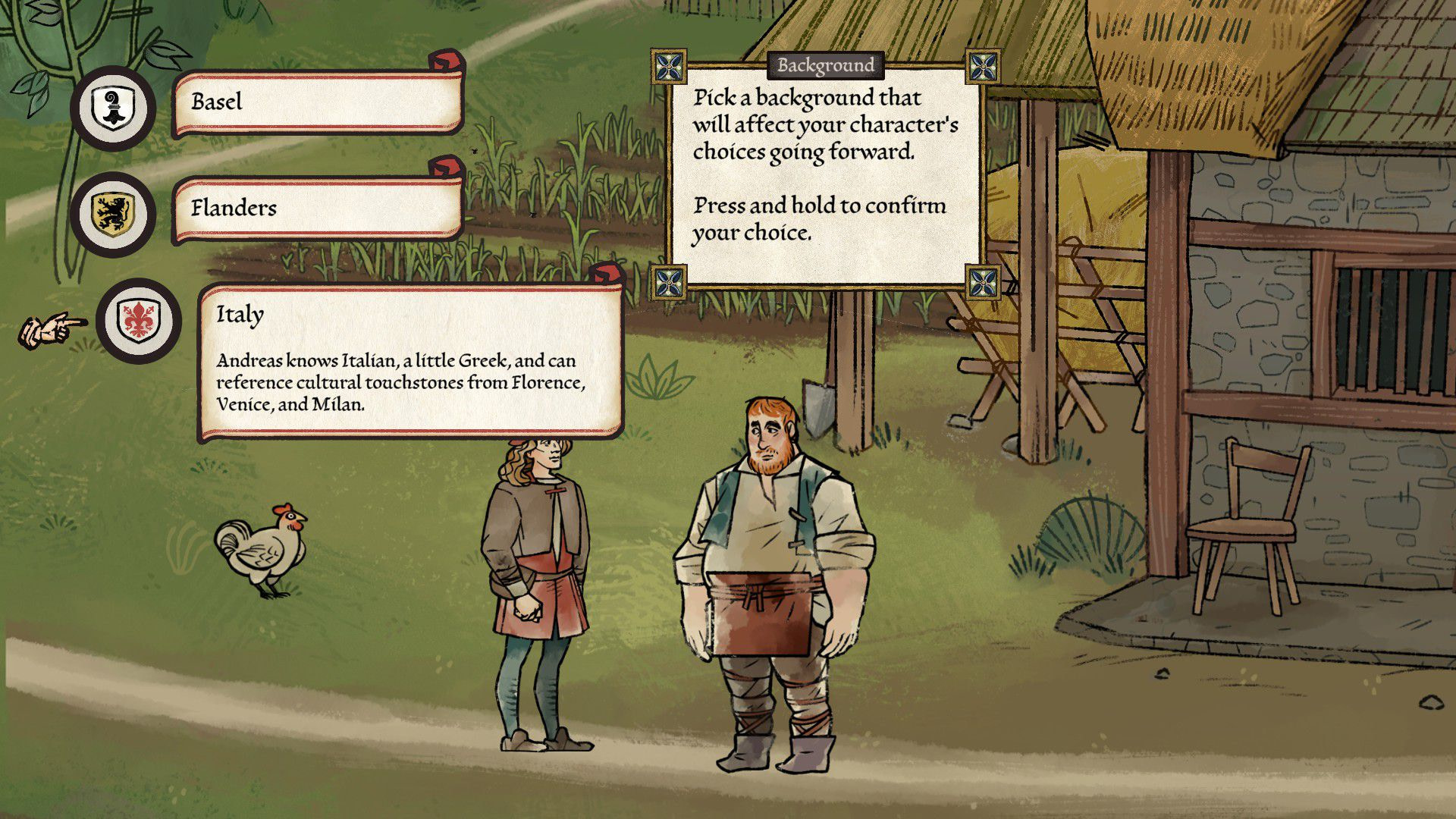 Pentiment offers players a choice of Andreas’ background as he speaks to a farmer, with manuscript pages hovering over the scene
