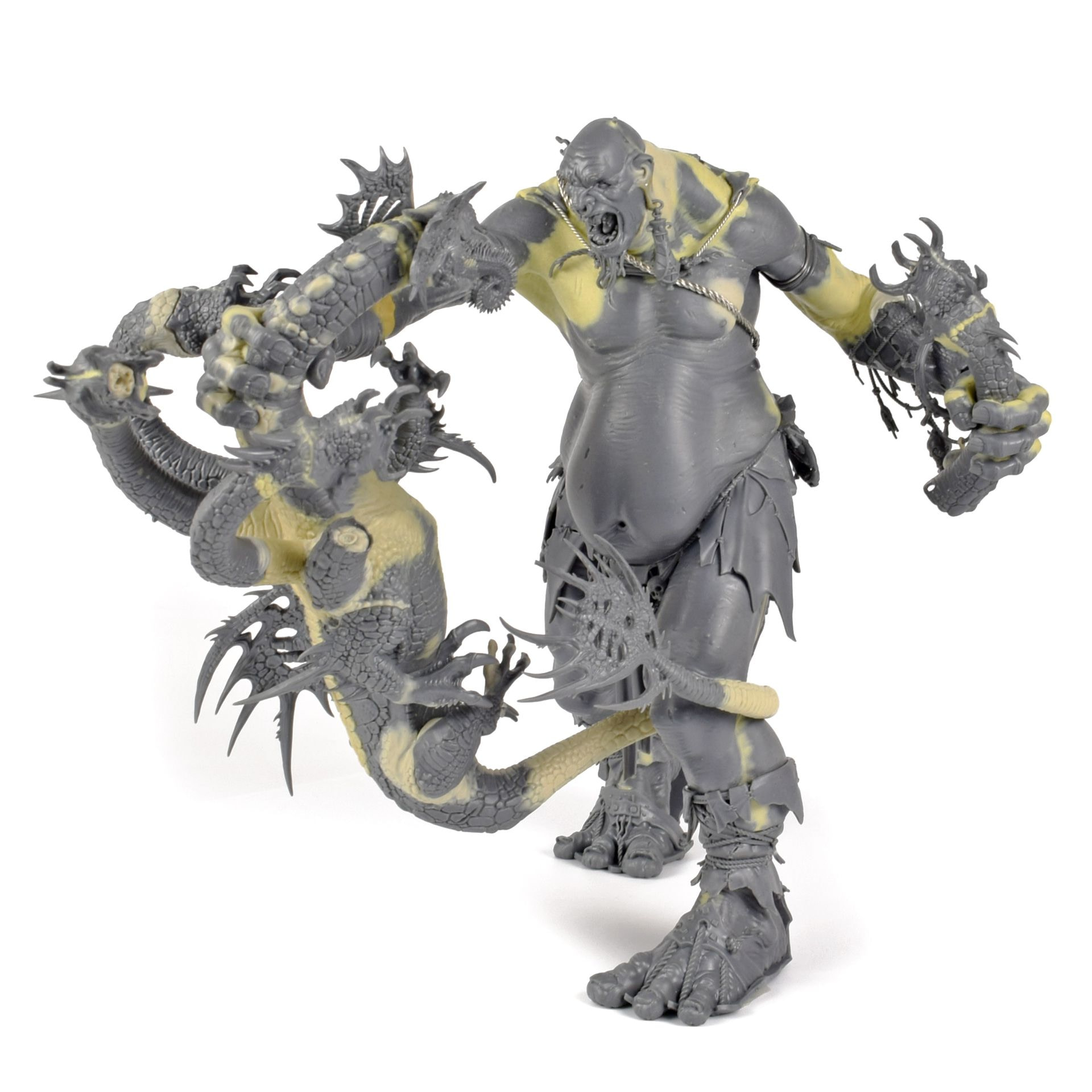 A figure of a giant fighting a kraken. This front-side view taken before painting shows how Chris Clayton has sculpted the textures on the joins between the kit-based plastic components.