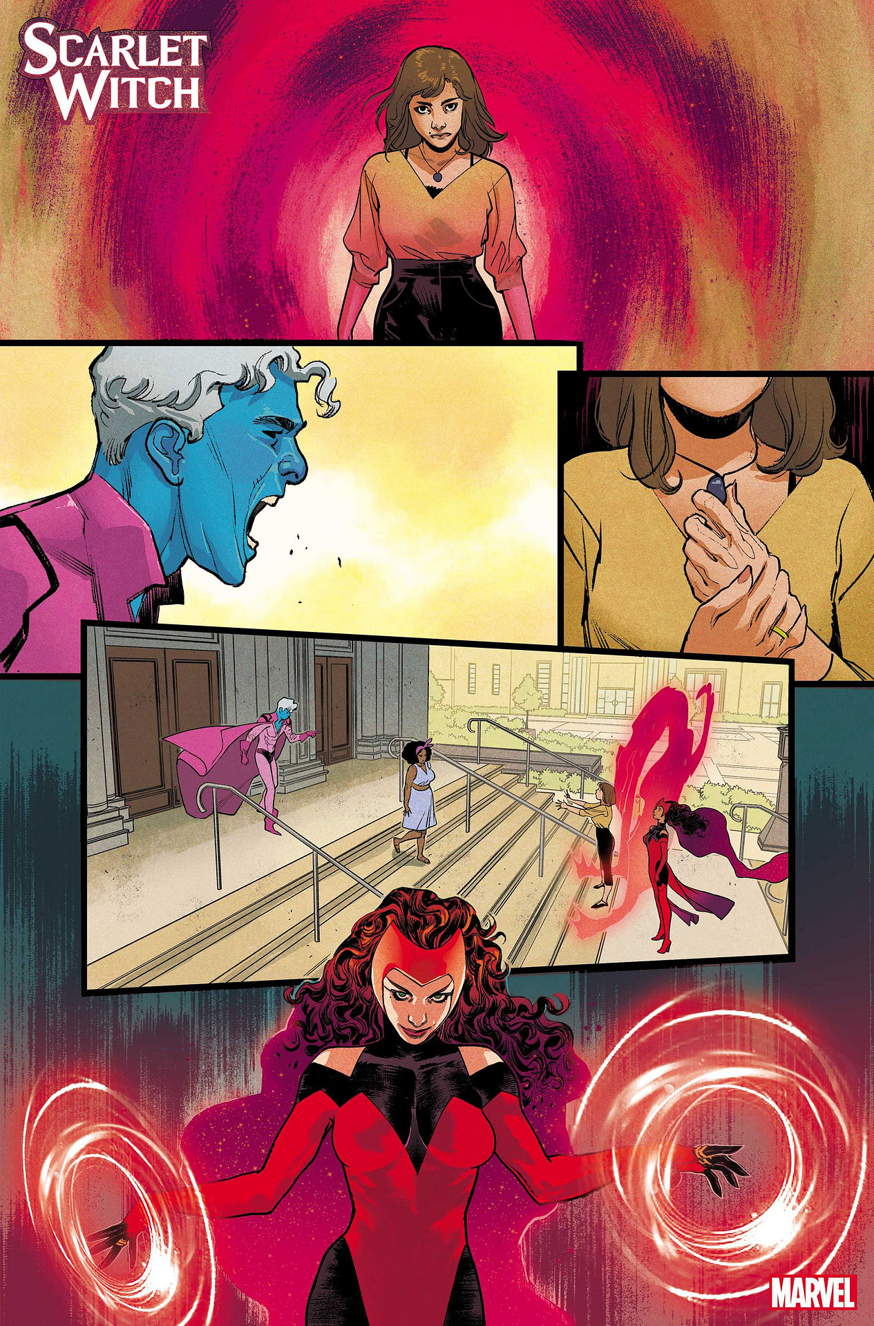 Magic stuff happens between Wanda and a blue-skinned man on some steps in Scarlet Witch #2 (2023). 