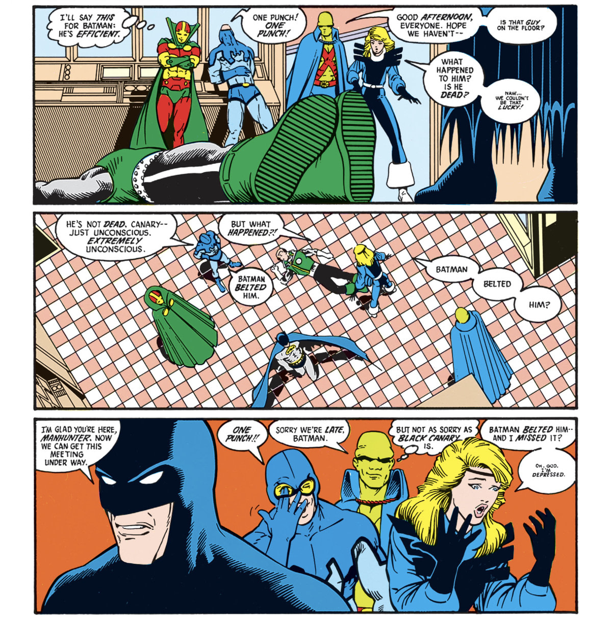 The Justice League reacts to Guy Gardner’s prone form on the floor, after he was hit with one Batman punch. Blue Beetle is in hysterics. Mister Miracle admits it was efficient. Black Canary is in disbelief and shock that she walked in too late to see it happen. Batman grimly calls them to order. 