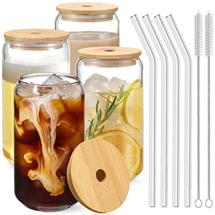 NETANY drinking glasses with bamboo lids and glass straws