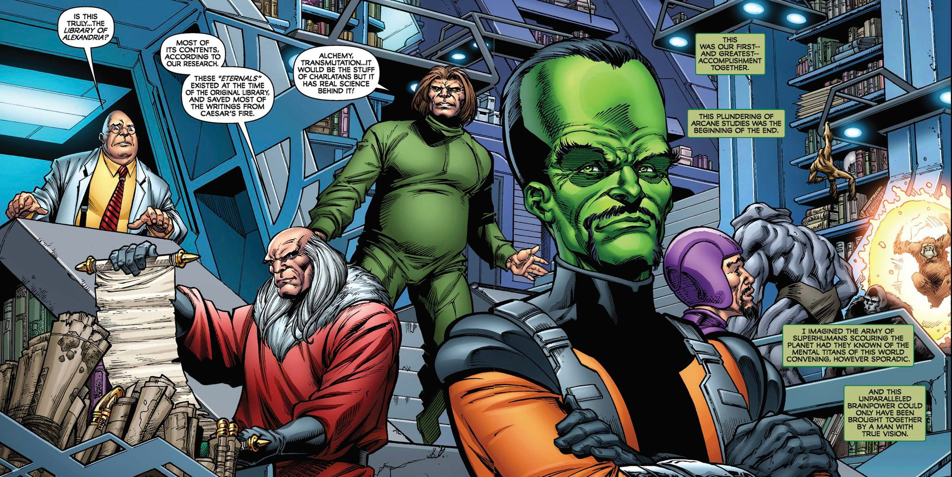 LtR: Egghead, the Red Ghost, the Mad Thinker, the Leader, and the Wizard, pilfering materials from the Library of Alexandria from the headquarters of the Eternals in Fall of the Hulks Alpha #1 (2009).