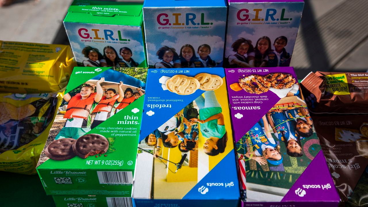 Girls Scouts sell cookies in Los Angeles in February, 2022. 