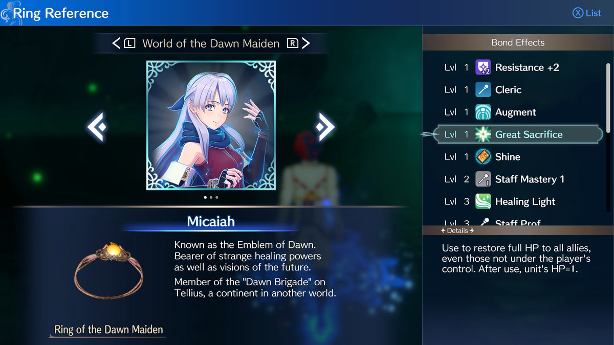 Micaiah, the Dawn Maiden, and her ability Great Sacrifice. Also her ring shown below.