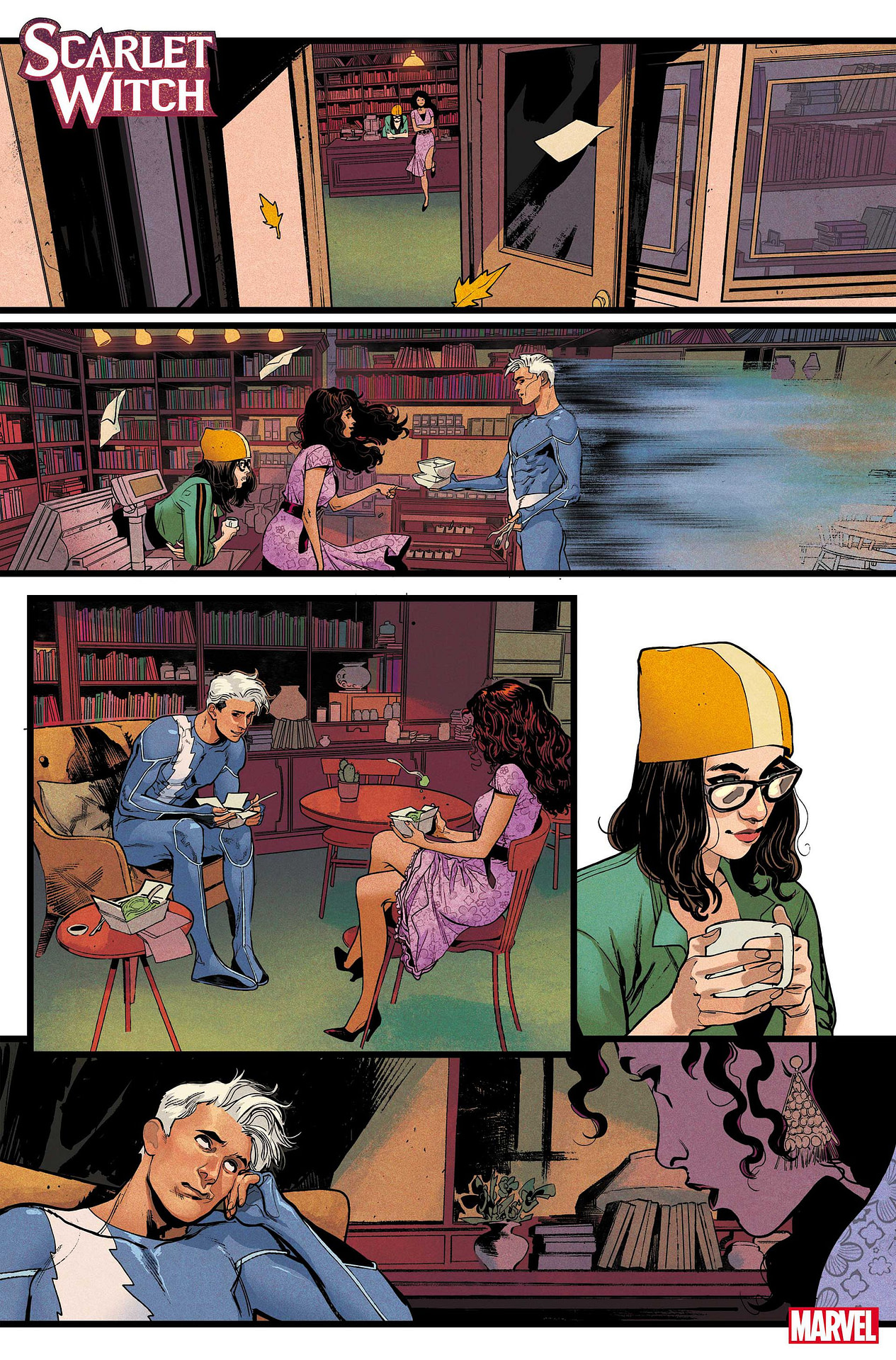 Quicksilver gets takeout and he and Wanda chat as Darcy looks on in Scarlet Witch #2 (2023). 