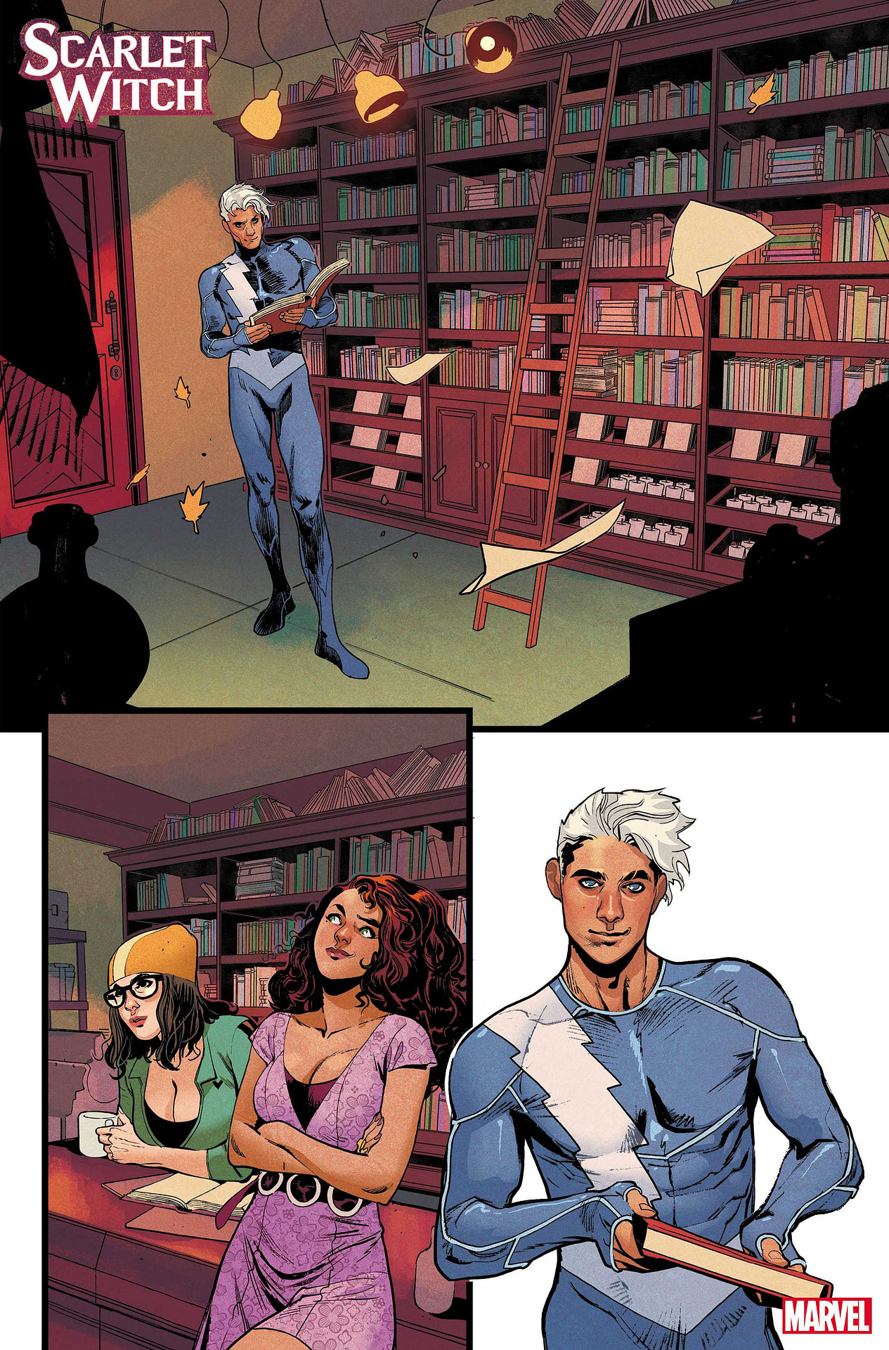 Quicksivler, Wanda, and Darcy in a bookstore in Scarlet Witch #2 (2023). 