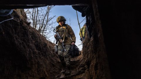 Soldiers from a Ukrainian assault brigade enter a command bunker while waiting for orders to fire a British-made L118 105mm Howitzers on Russian trenches on March 4, 2023 near Bakhmut.
