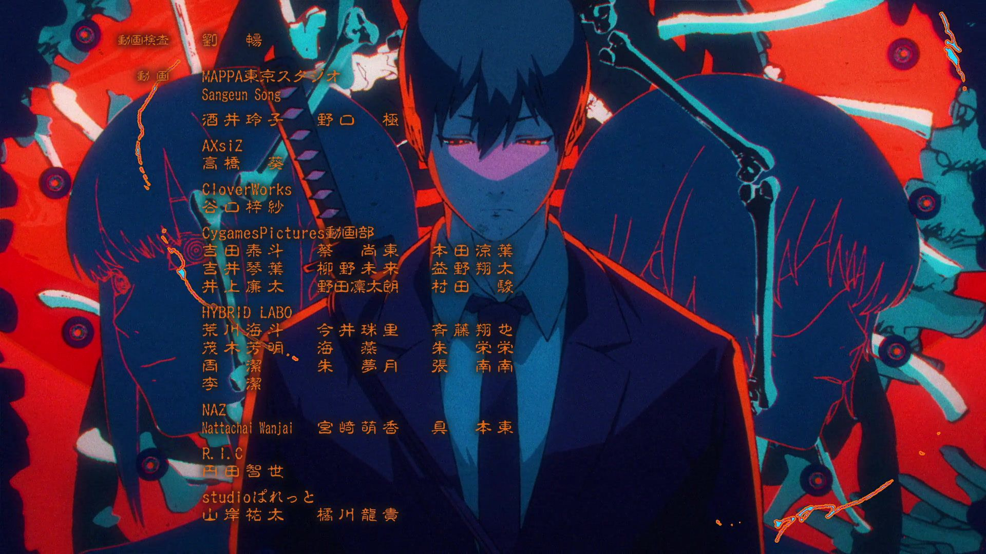 A screenshot of episode 3 of Chainsaw Man’s ending credit sequence, with a character looking downcast and splashy neon images behind him