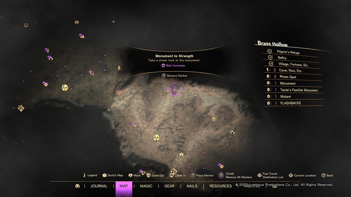 Forspoken’s map shows icons indicating points of interest on Athia, its open-world setting.