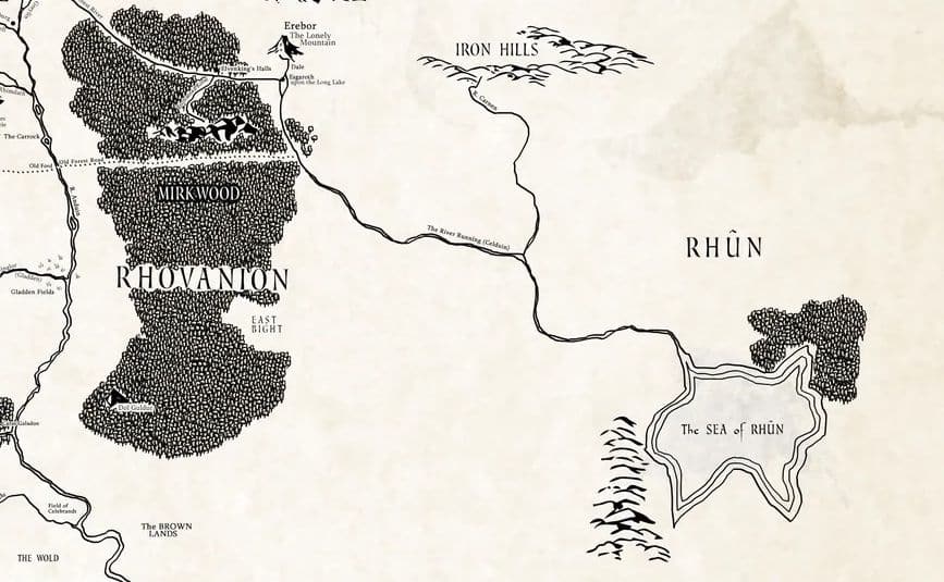 A map of the inland Sea of Rhûn and the region of Rhûn, to the east of Mirkwood.