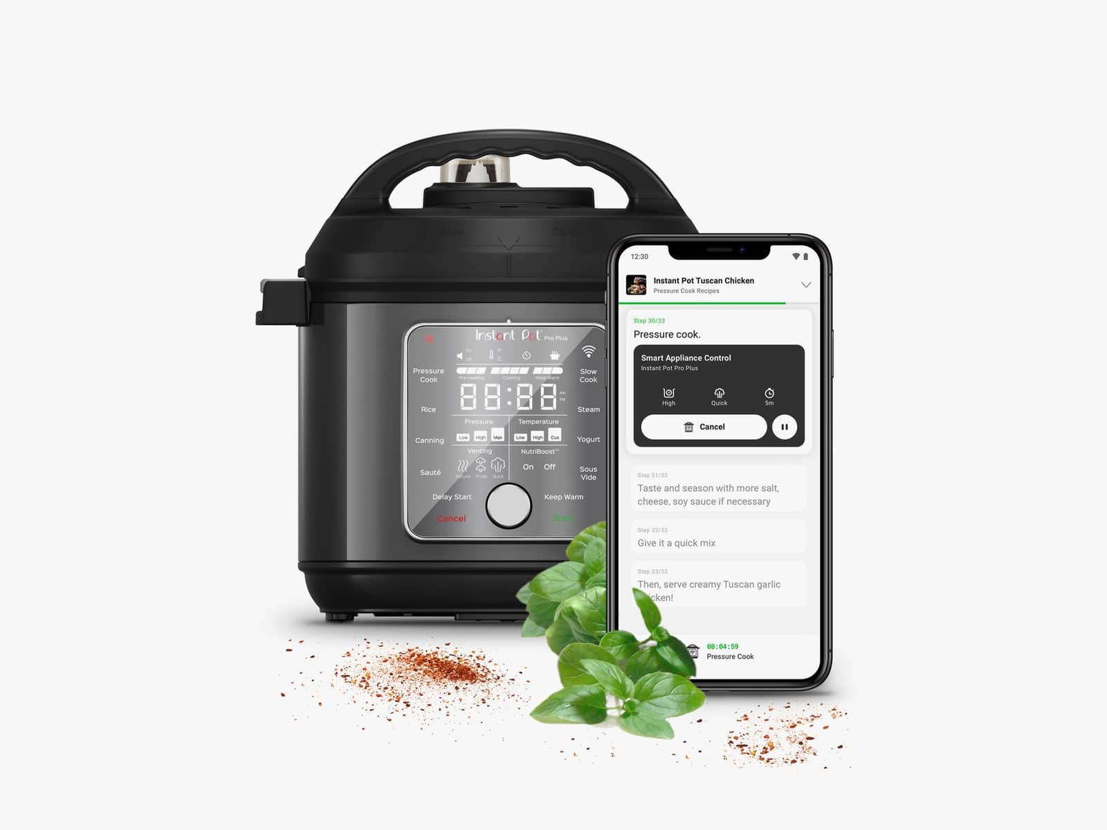 Instant Pot Pro Plus with smartphone displaying the Instant Pot app