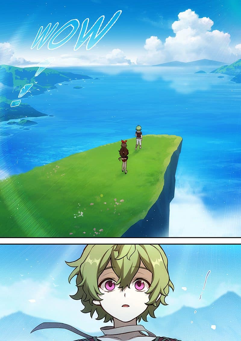 To panels from the Genshin Impact manga. Collei and Amber stand at the edge of a cliff overlooking a beautiful view of the sea. The second panel is a close up of Collei’s stunned facial expression.