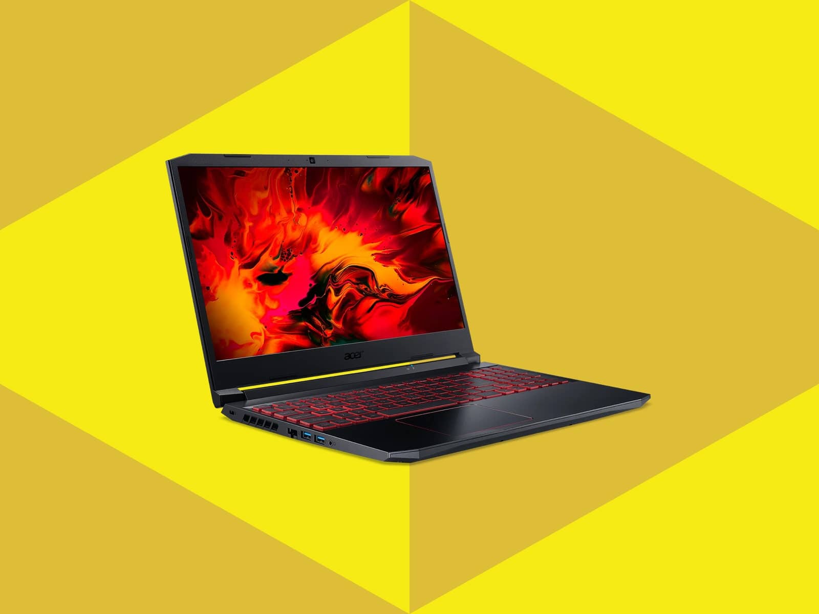 Acer Nitro 5 gaming laptop on a yellow geometric backdrop